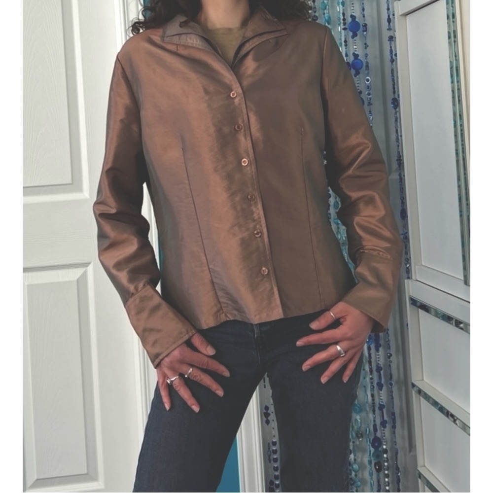 Trendy brown  metallic cooper shine in fabric/ button-up shirt w/original collar